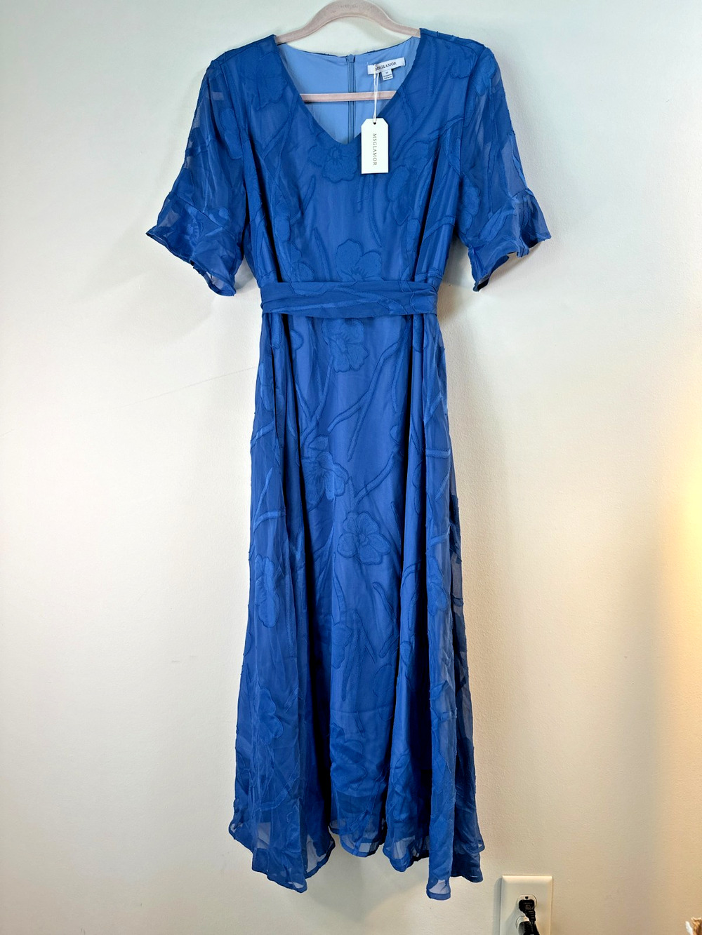 NWT MSGlamor Womens Blue Burnout Floral Maxi Dress Belted Short Sleeve M